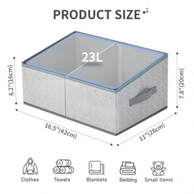 DIMJ large closet bin grey side view, slim profile fits neatly on shelves.