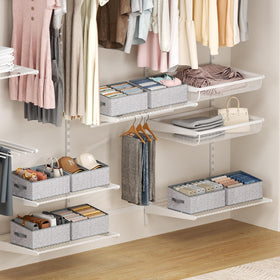 DIMJ six-pack closet bin grey demonstrates towels and garments organized.