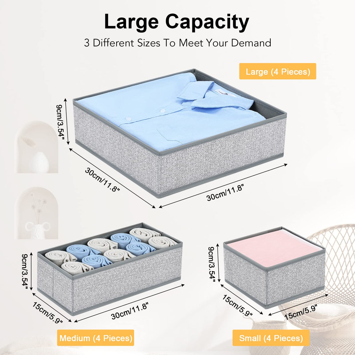 DIMJ sock and lingerie organizers in large, medium, and small bins for tidy drawers