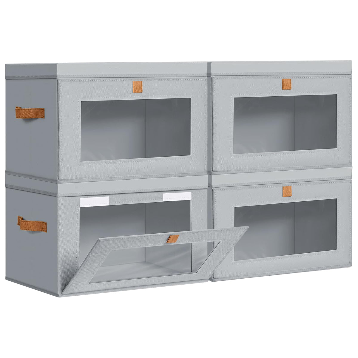 DIMJ storage bins with front opening for easy access and organized shelves.