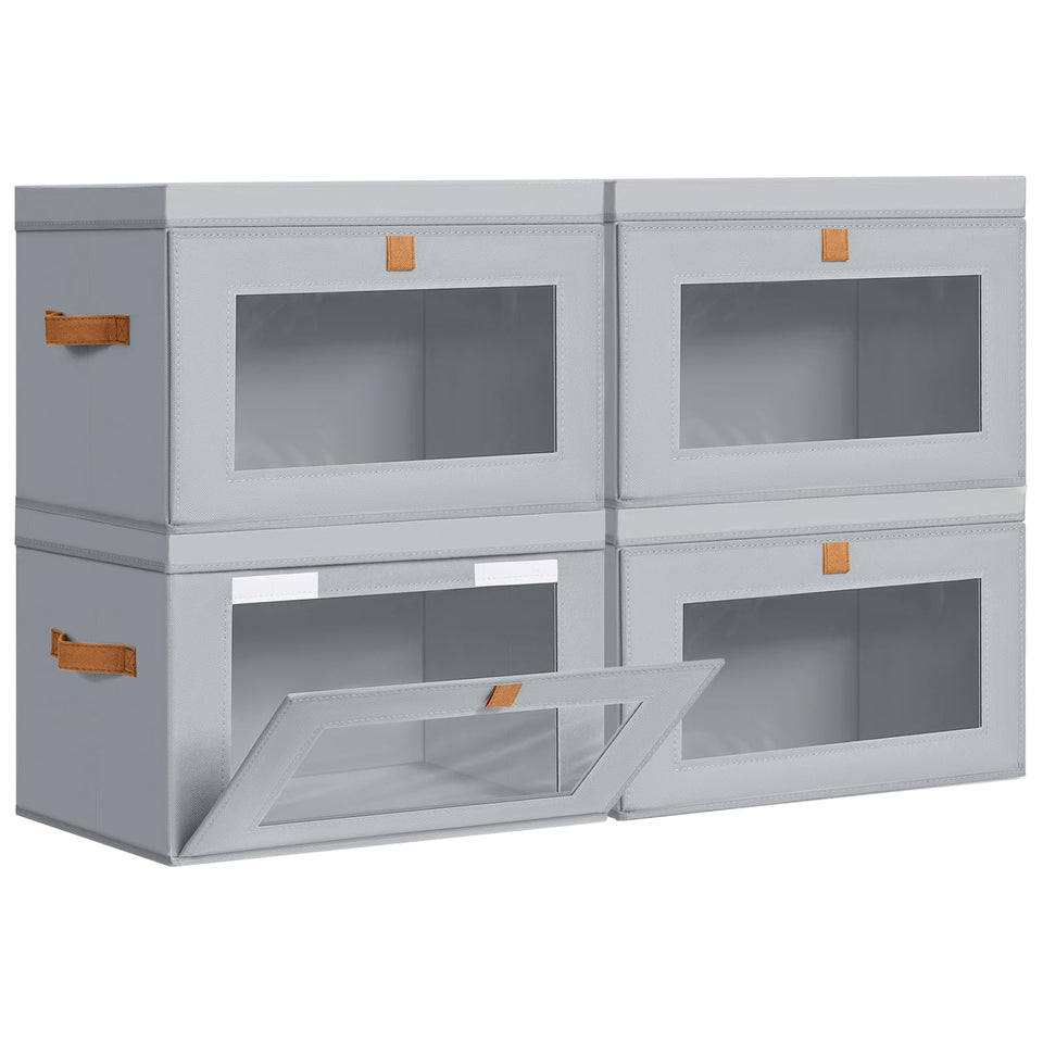 DIMJ storage bins with front opening for easy access and organized shelves.