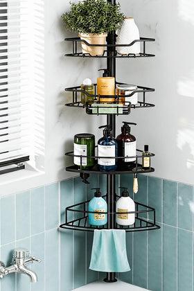 Dimyno corner shower caddy side view showing rustproof 4-tier storage for towels and bottles