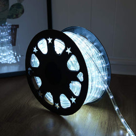DINGFU 50ft 360 LED rope light ready for installation over ceiling or railings, showcasing clean white glow.