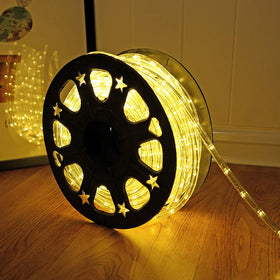 DINGFU 50ft rope light for outdoor installation with warm ambient glow.
