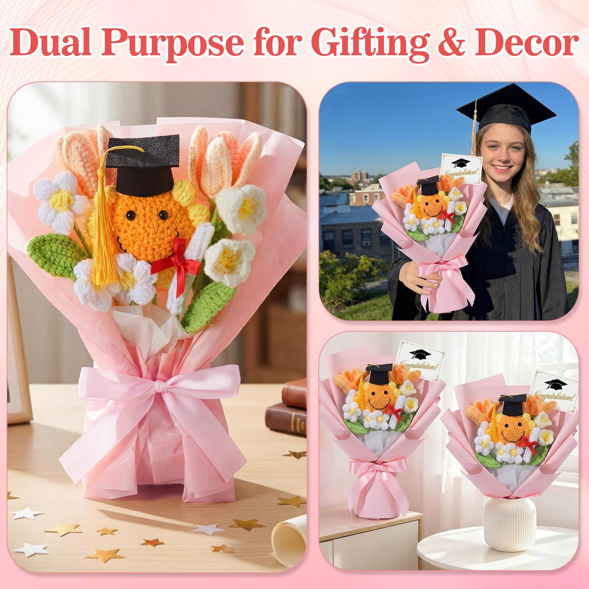 Dingion bouquet displayed as dorm decor for a bright graduation setup