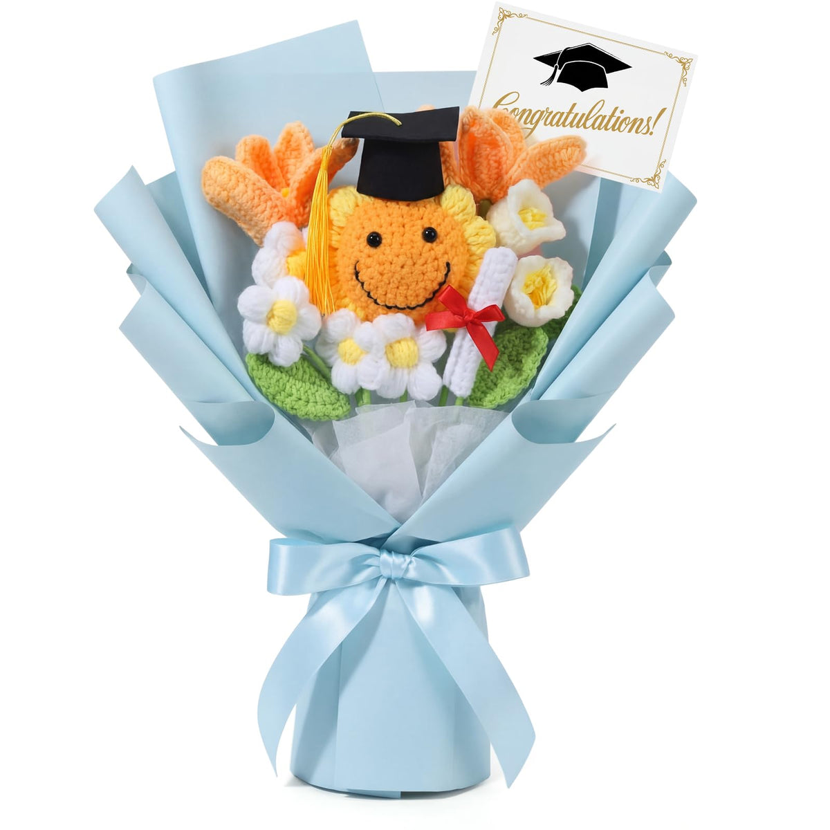 Dingion graduation bouquet blue front view, a lasting keepsake for dorm decor.