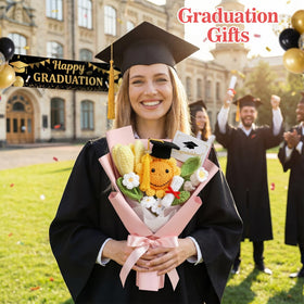 Dingion crochet bouquet featuring a mini mortarboard cap for graduation photos
