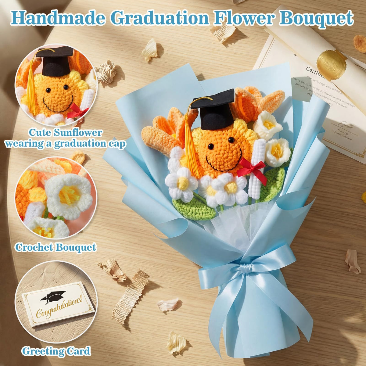 Dingion graduation crochet bouquet tulips detail, handmade charm.