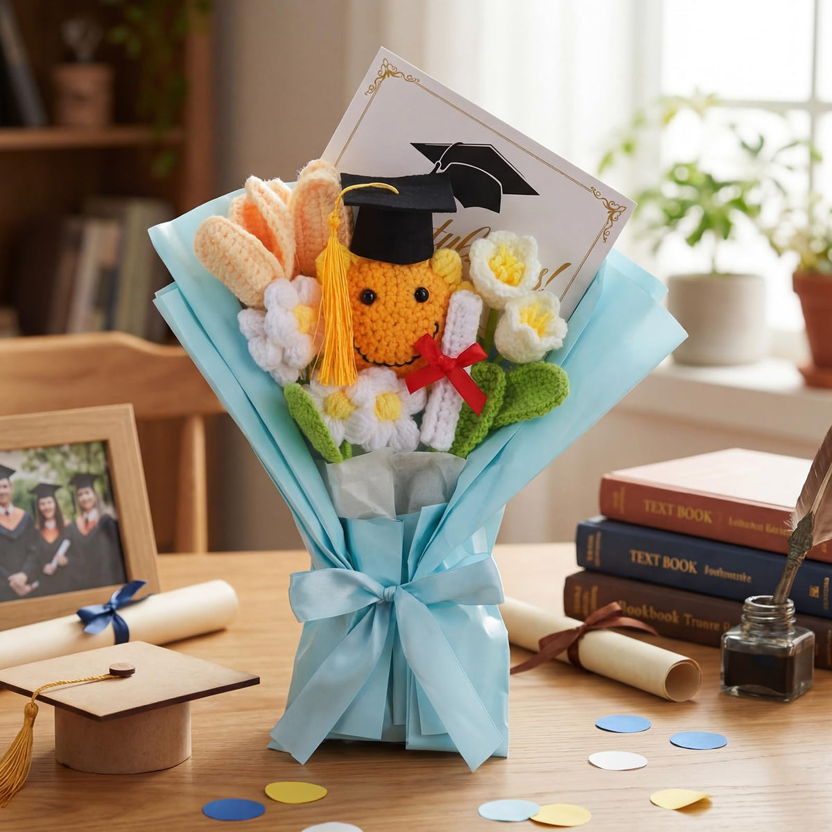 Dingion mini mortarboard crochet cap accent on bouquet.