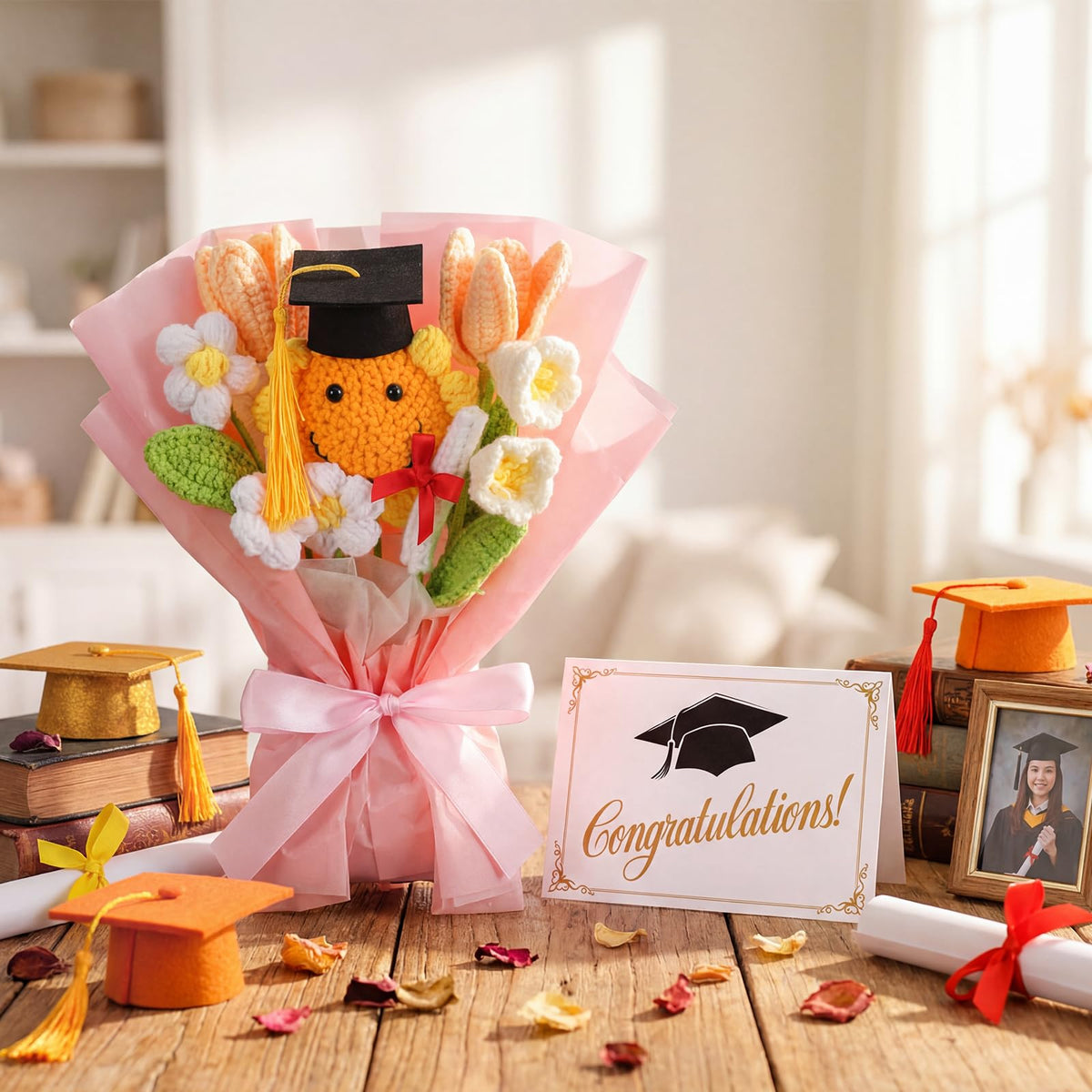 Dingion vibrant crochet bouquet enhances graduation party decor