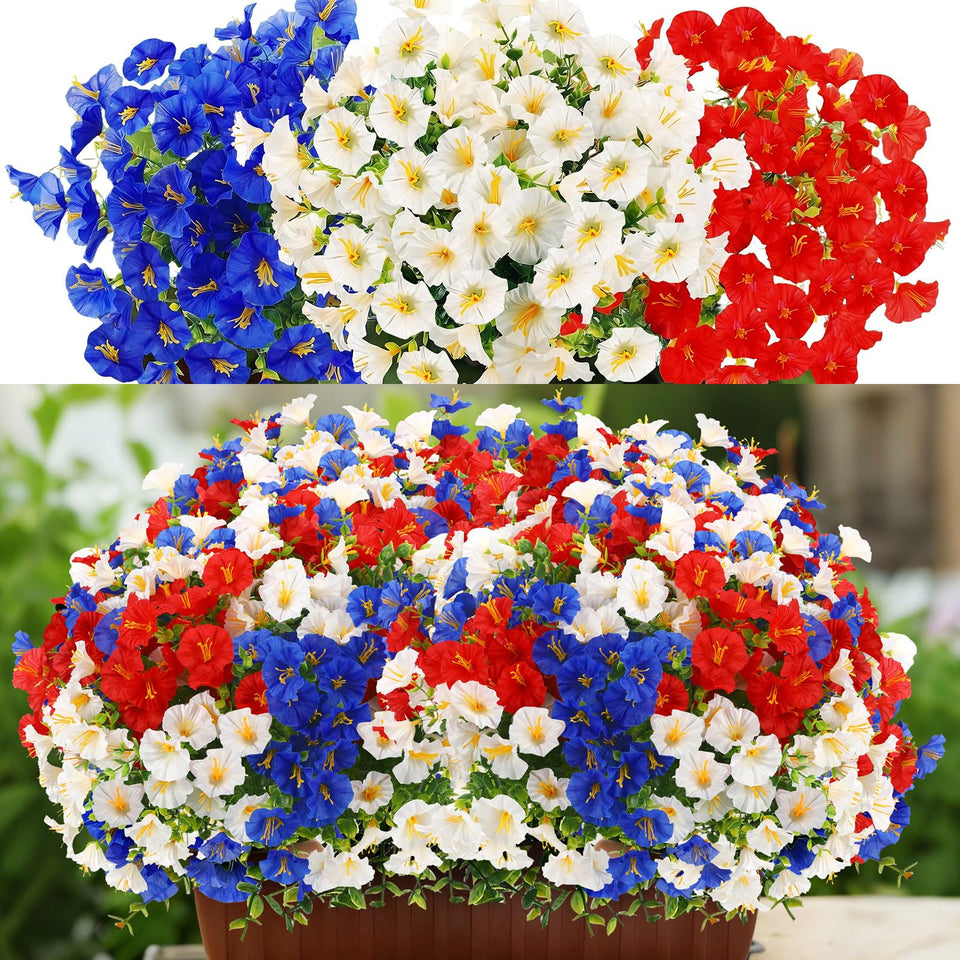 Dingion petunias red-white-blue closeup shows vibrant patriotic blooms for outdoor decor.