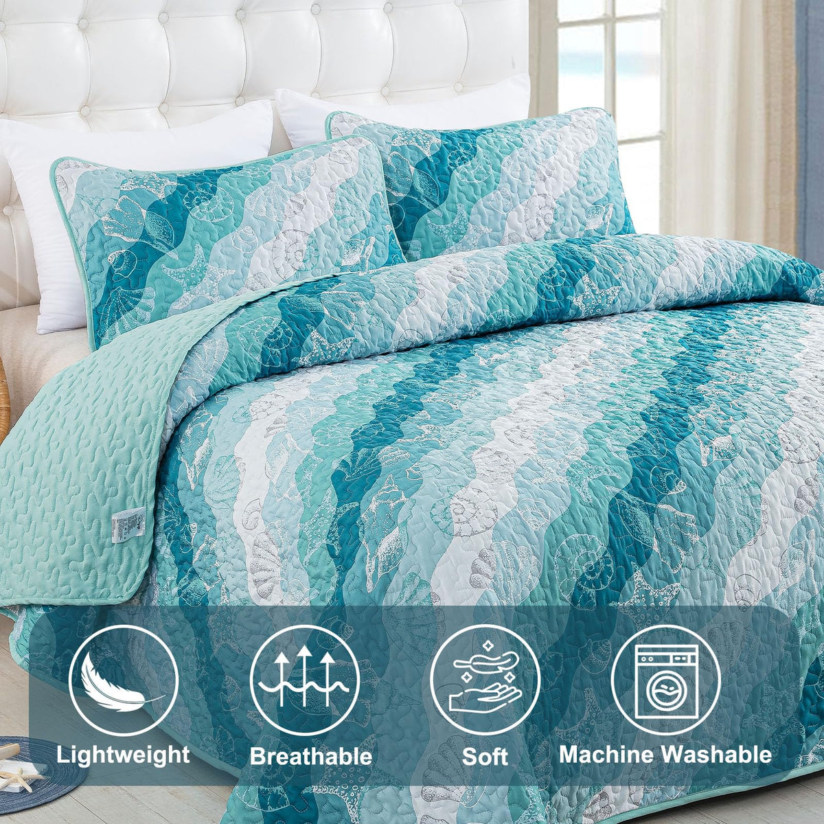 Dinjoy three-layer coastal bedding setup doubles as quilt or bedspread for seasons