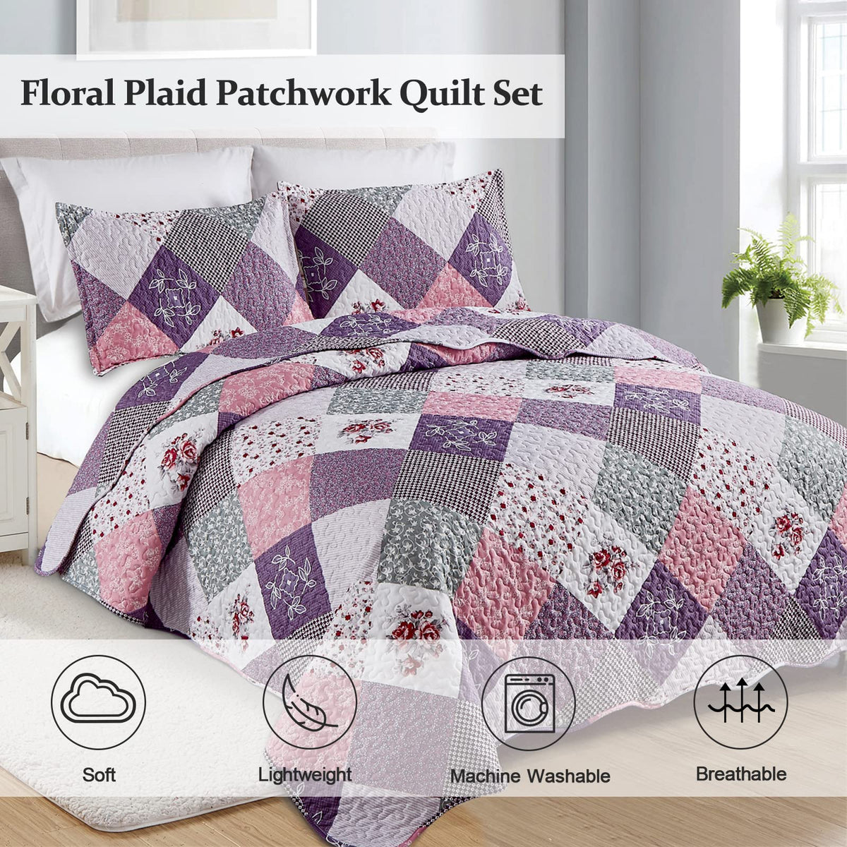 Dinjoy floral patchwork detail adds charming country style to a bedroom.