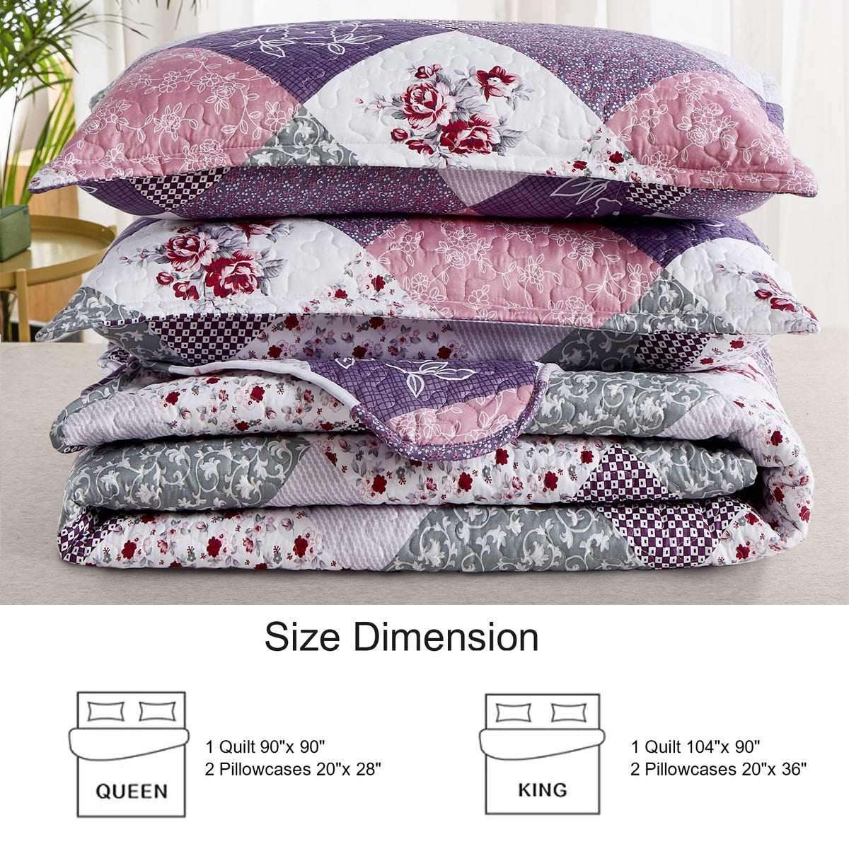 Dinjoy king quilt with pillowcases 20x36 ready for bed setup.
