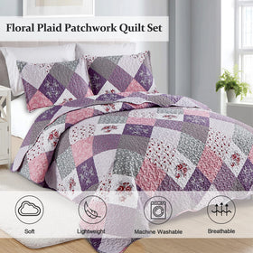 Dinjoy purple patchwork close-up showing soft microfiber texture and stitching detail.