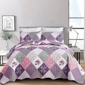 Dinjoy purple quilt set full view on bed with floral patchwork for year-round comfort.