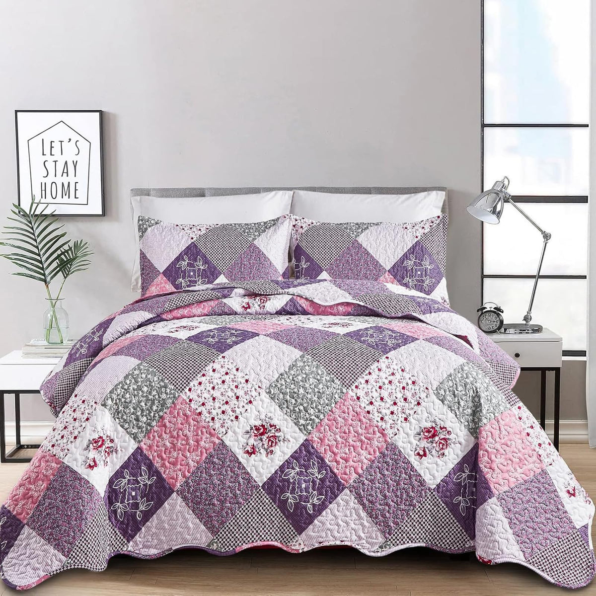 Dinjoy purple quilt set king bedspread unfolded for a cozy centerpiece.