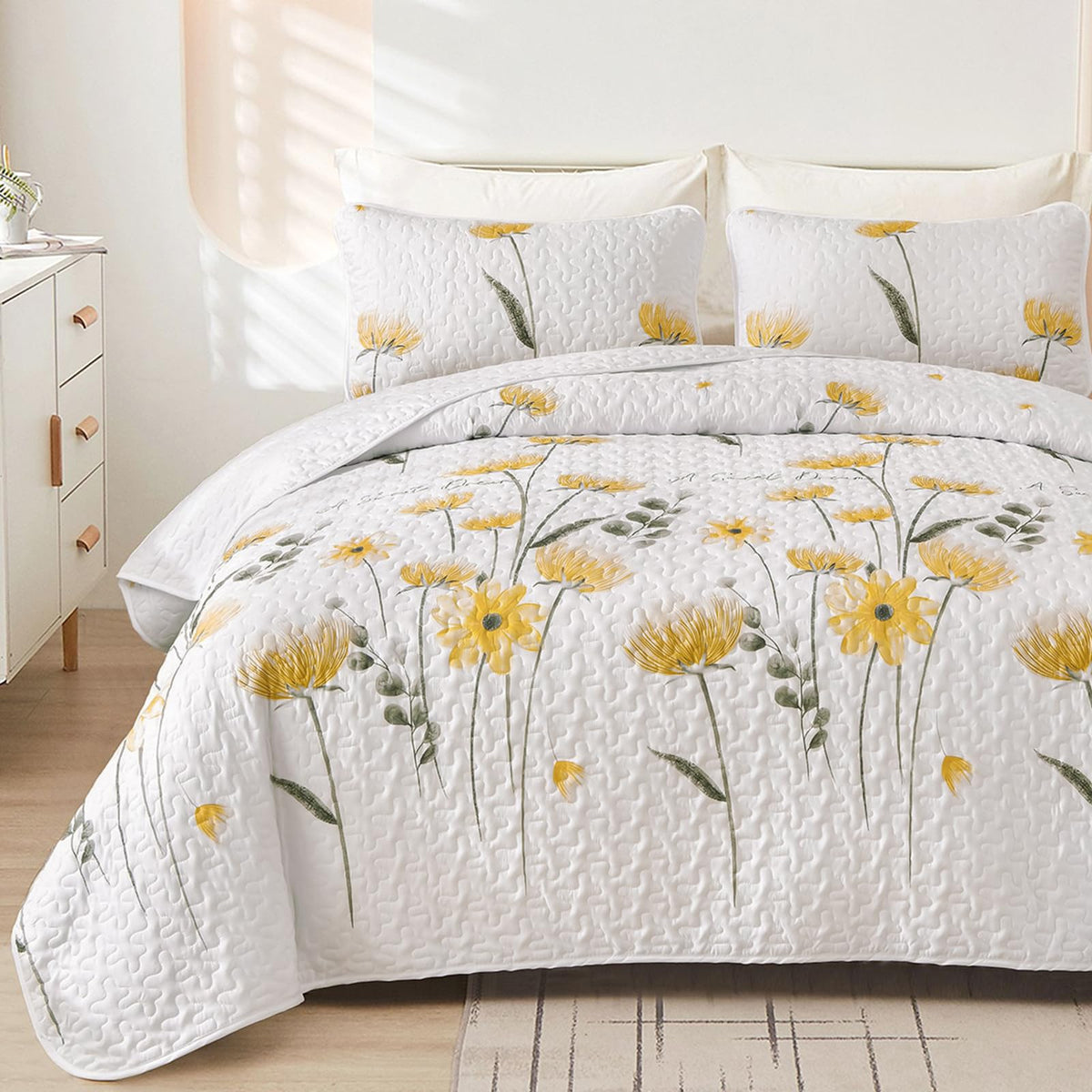 Dinjoy quilt set queen with floral pattern adds vibrant spring ambiance to the bed
