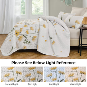 Closeup of yellow flower print on Dinjoy queen quilt for bright mood