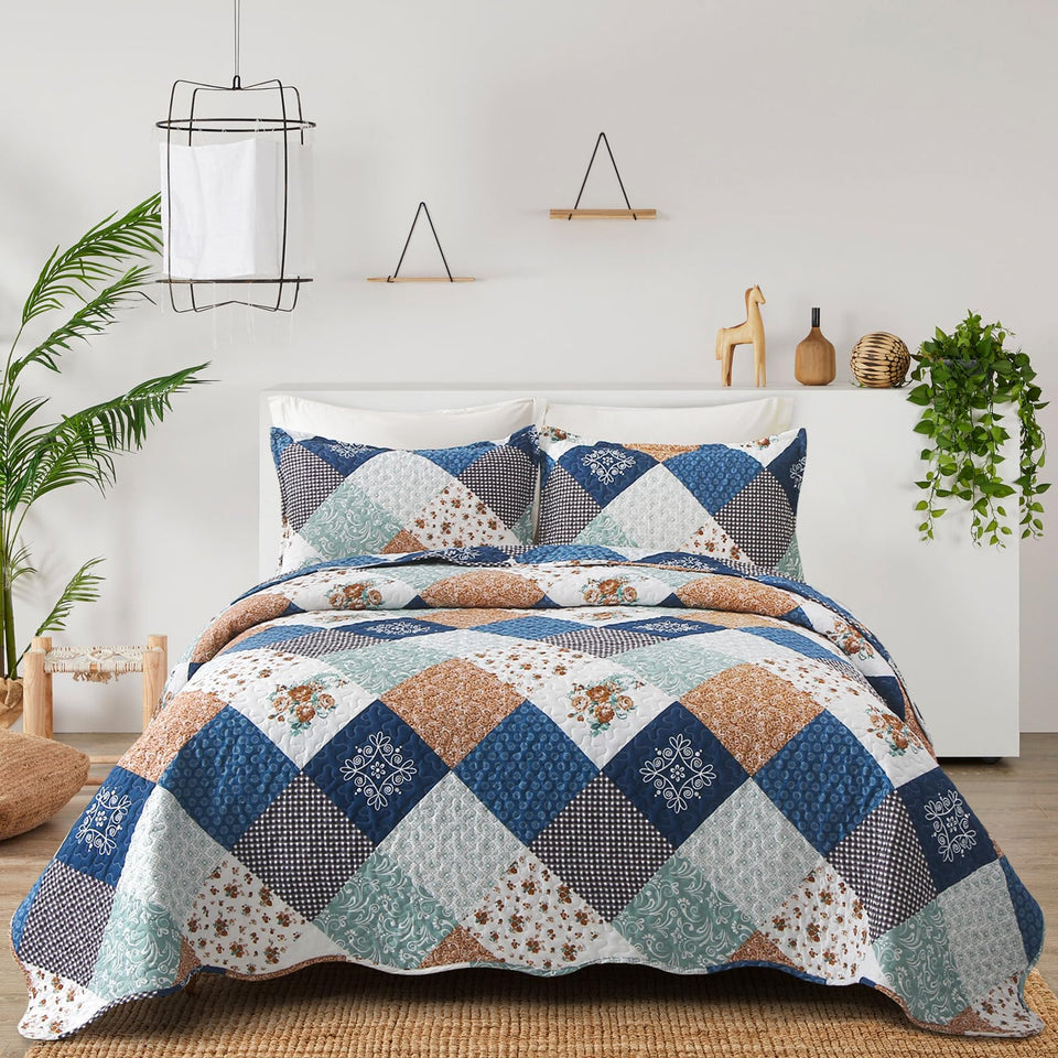 Dinjoy patchwork quilt on bed with blue green grey plaid floral pattern, versatile colorway