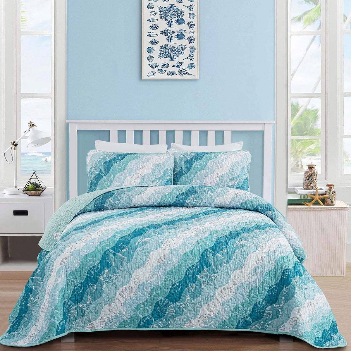Dinjoy coastal quilt pattern creates a calming ocean vibe for a bedroom