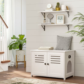 DINZI LVJ bathroom setup uses shelves for towels and decor