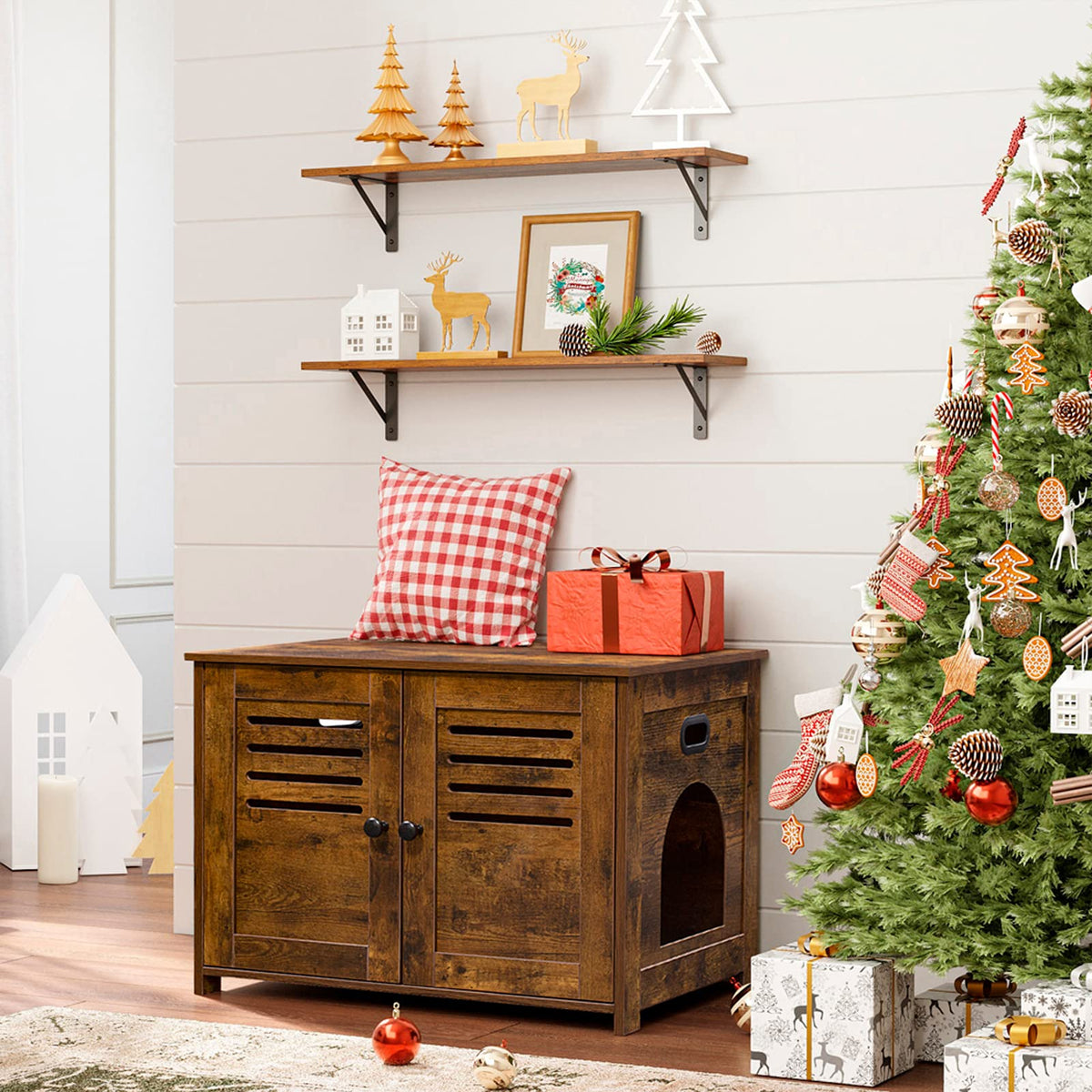 DINZI LVJ 31.5-inch wood shelf with rustic brown finish.