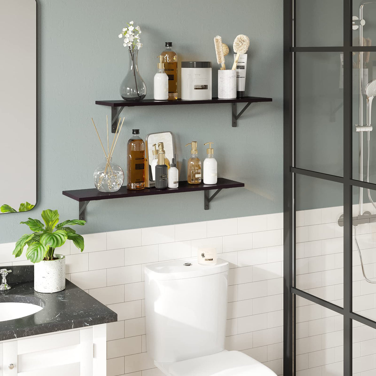 DINZI LVJ wood shelf texture closeup shows smooth edges and espresso finish.
