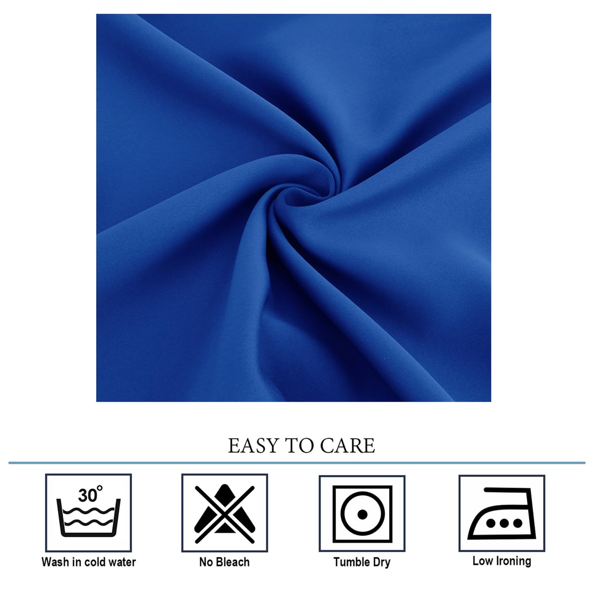 Diraysid Royal Blue grommet curtains in a nighttime living room with reduced light.