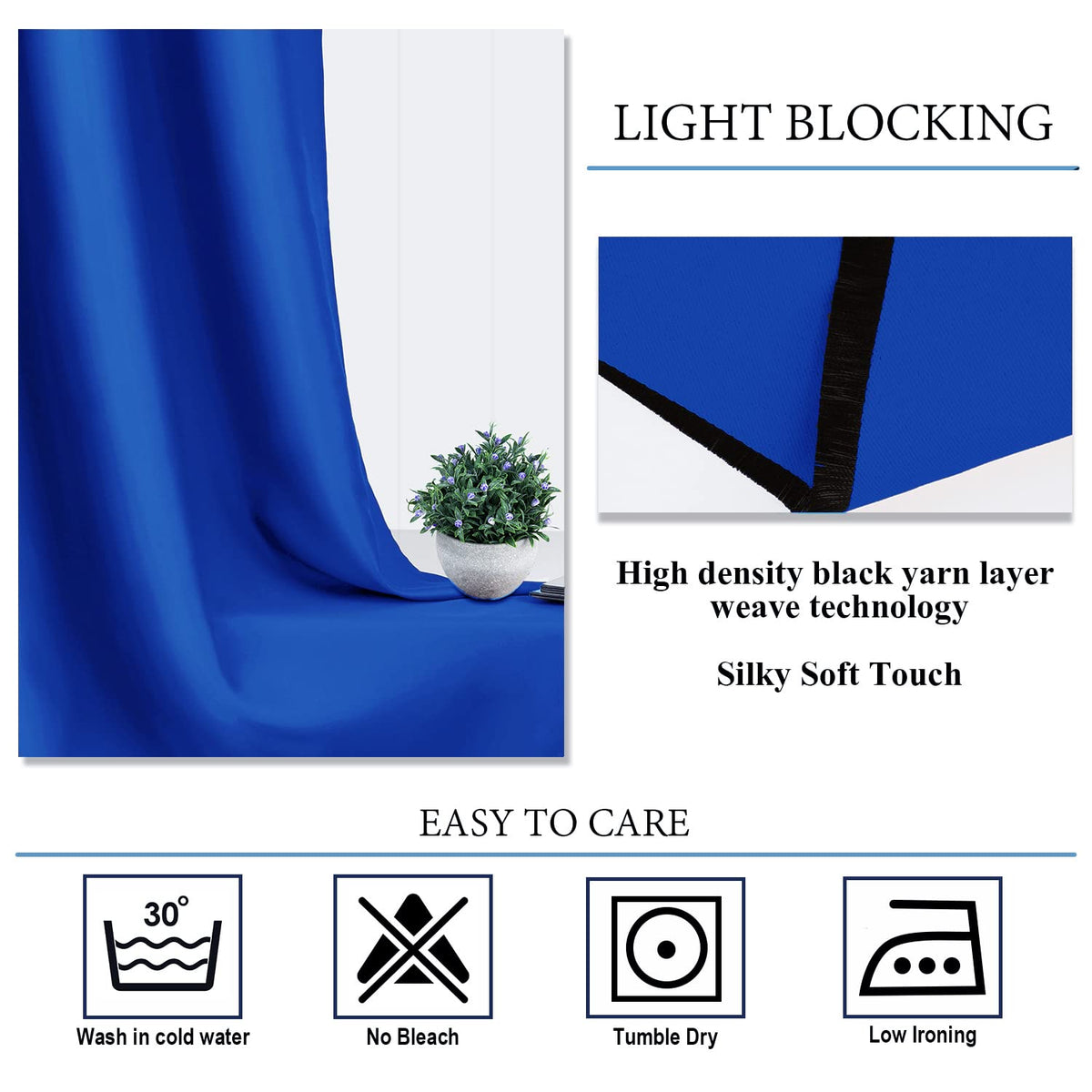 Diraysid Royal Blue grommet curtains show easy care and durable fabric.