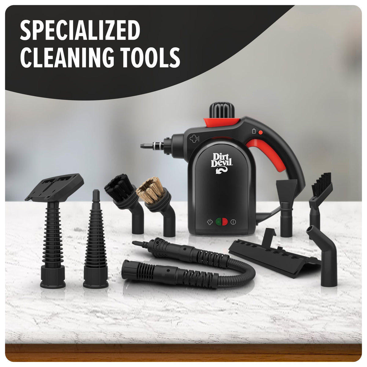 Dirt Devil steamer in action on tile and kitchen surfaces.
