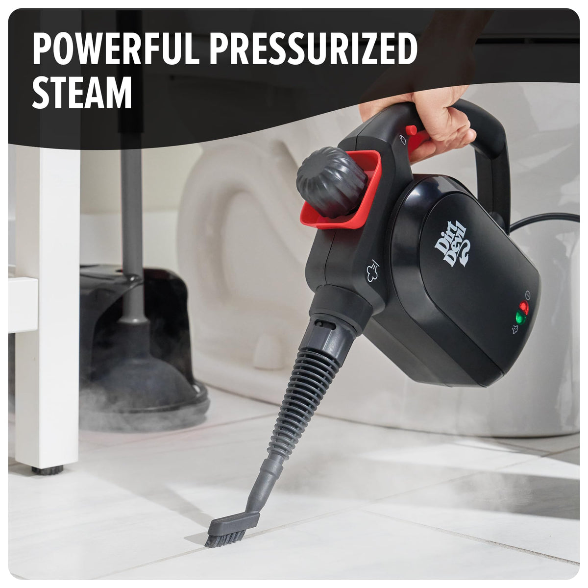 Dirt Devil steamer with adjustable trigger and safety lock for precise control.