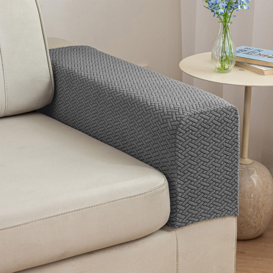 Disayu armrest cover in texture gray protects sofa from spills and pet hair