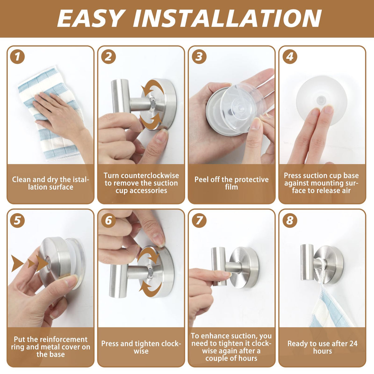 Disbam suction cup hooks on glass provide towel hanging space.