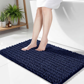 Disolla navy blue bath mat 24x36 shows plush chenille for cozy feet.