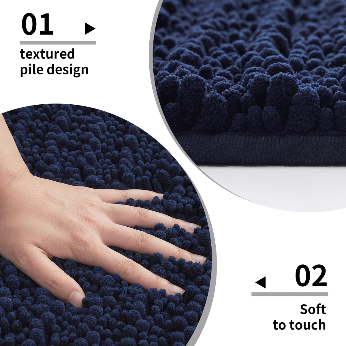 Disolla navy blue rug absorbs moisture quickly, helping keep bathroom floors dry after showers.