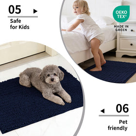 Disolla navy blue rug brightens bathroom decor with versatile, modern color.