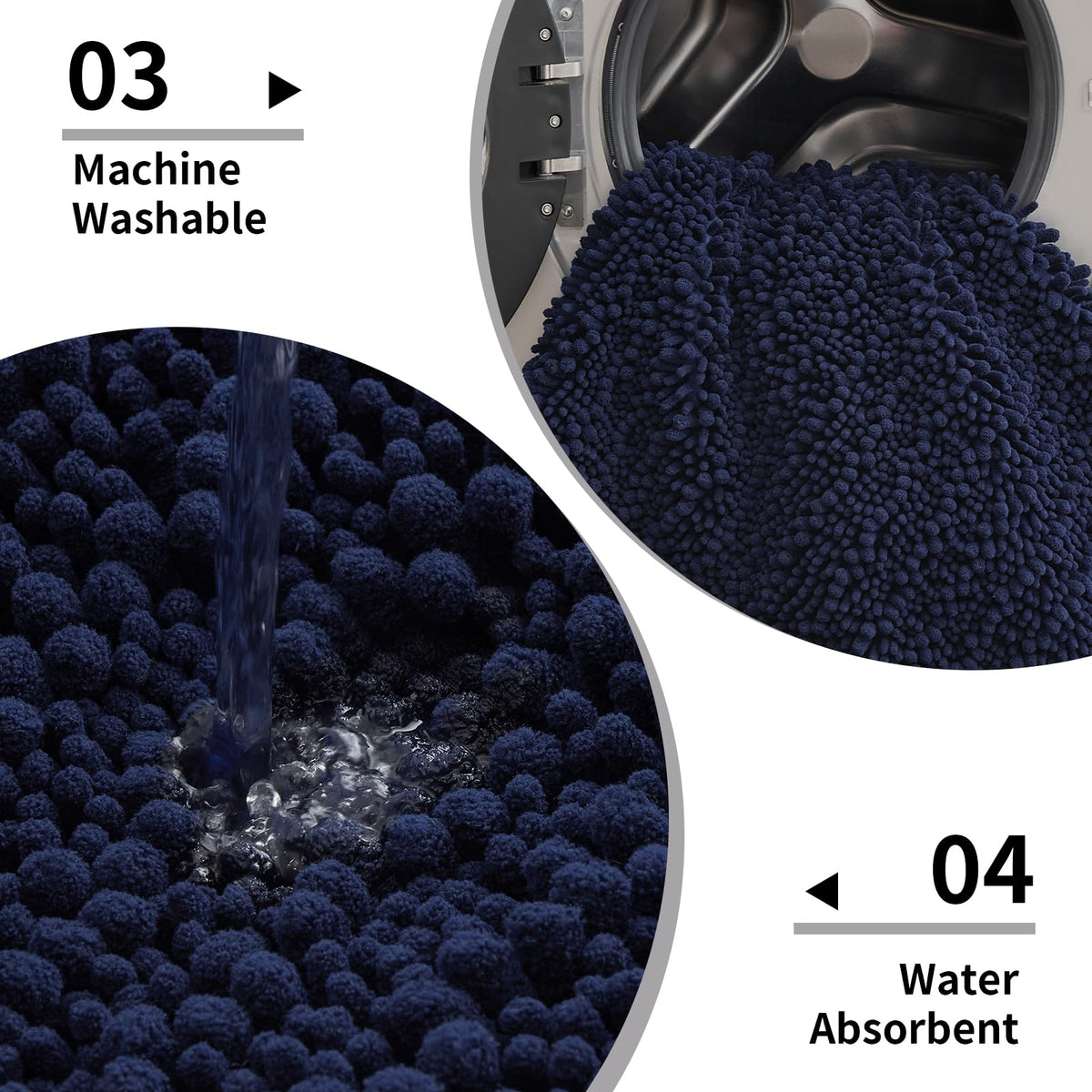 Disolla navy blue rug non-slip backing enhances stability on dry bathroom floors.