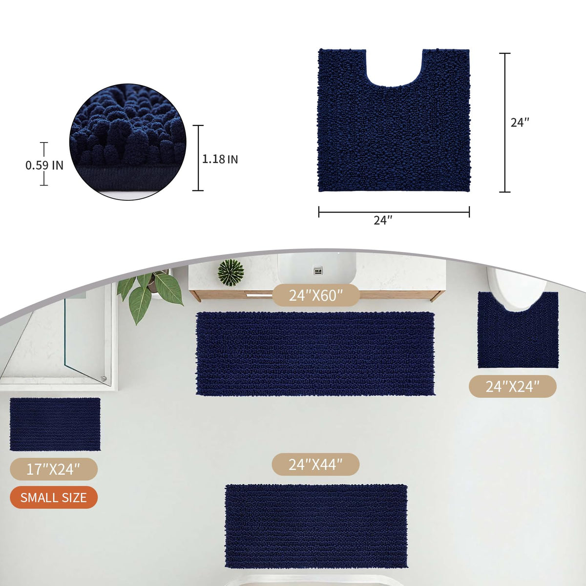 Disolla navy blue U-shaped toilet mat on bathroom floor