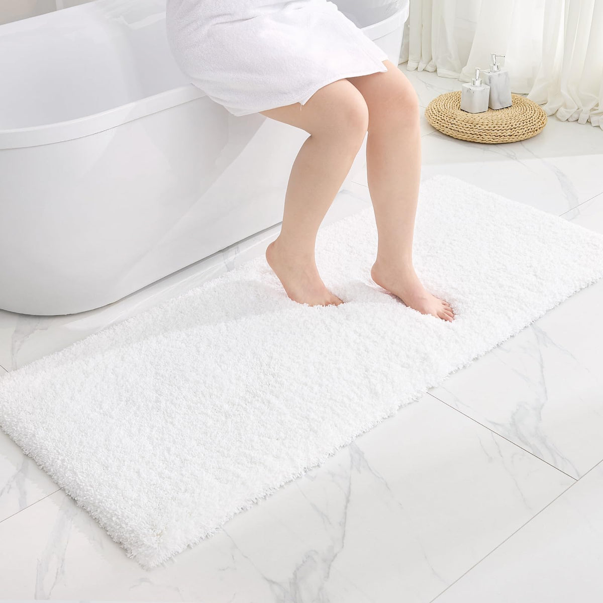 Disolla white bathroom runner rug 24x70, clean look and wide coverage for master baths