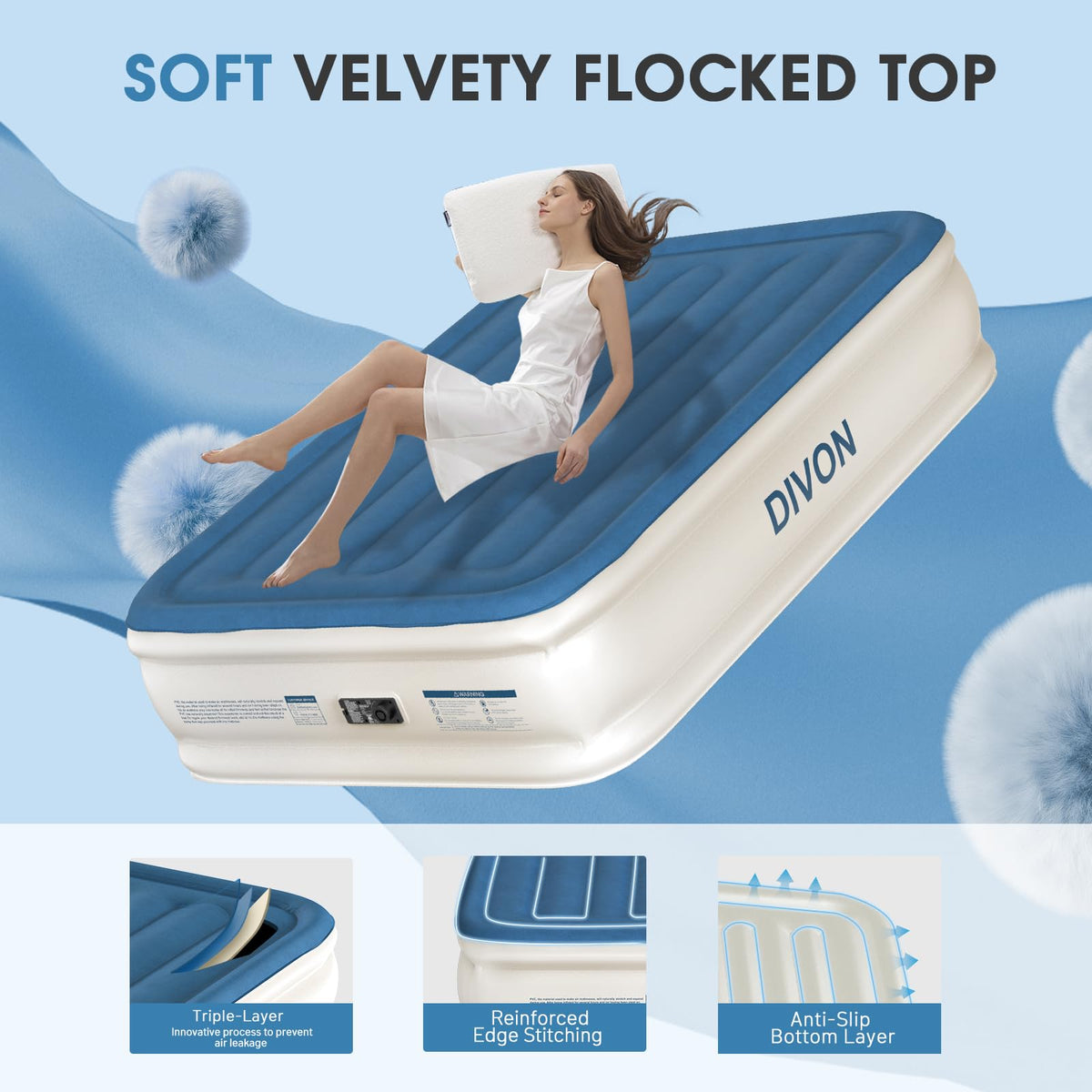 DIVON air mattress flocked top offers soft, skin-friendly surface for lounging