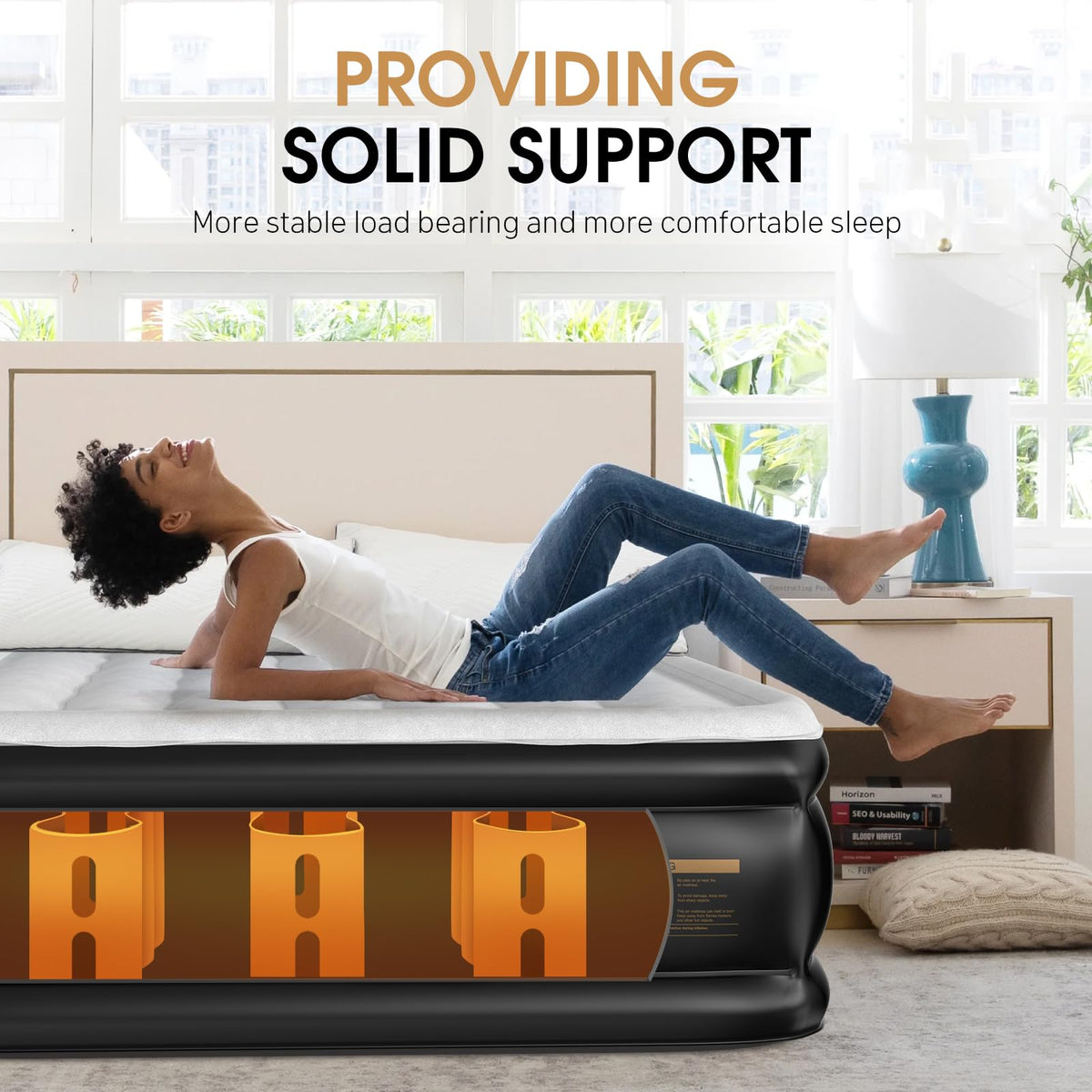 DIVON full air mattress indented sides keep fitted sheets secure for smooth sleep surface.