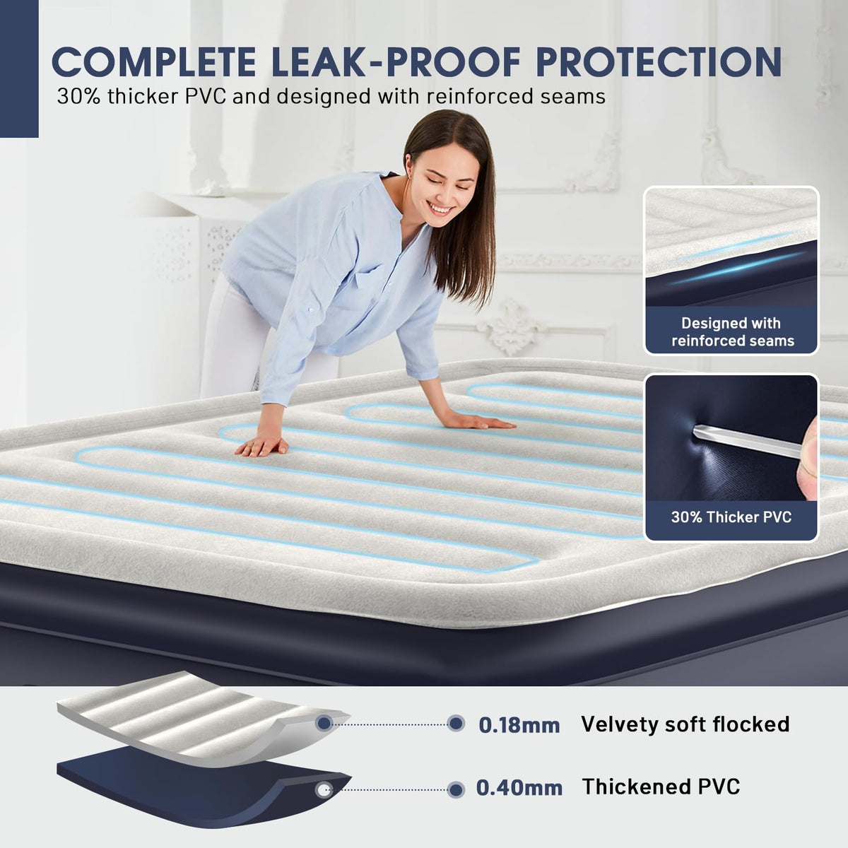 DIVON queen air mattress thickened-material for enhanced durability.