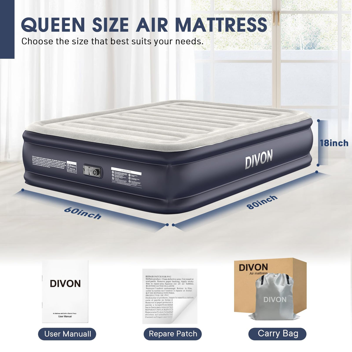 DIVON queen air mattress waterproof-flocked-top for easy cleaning.
