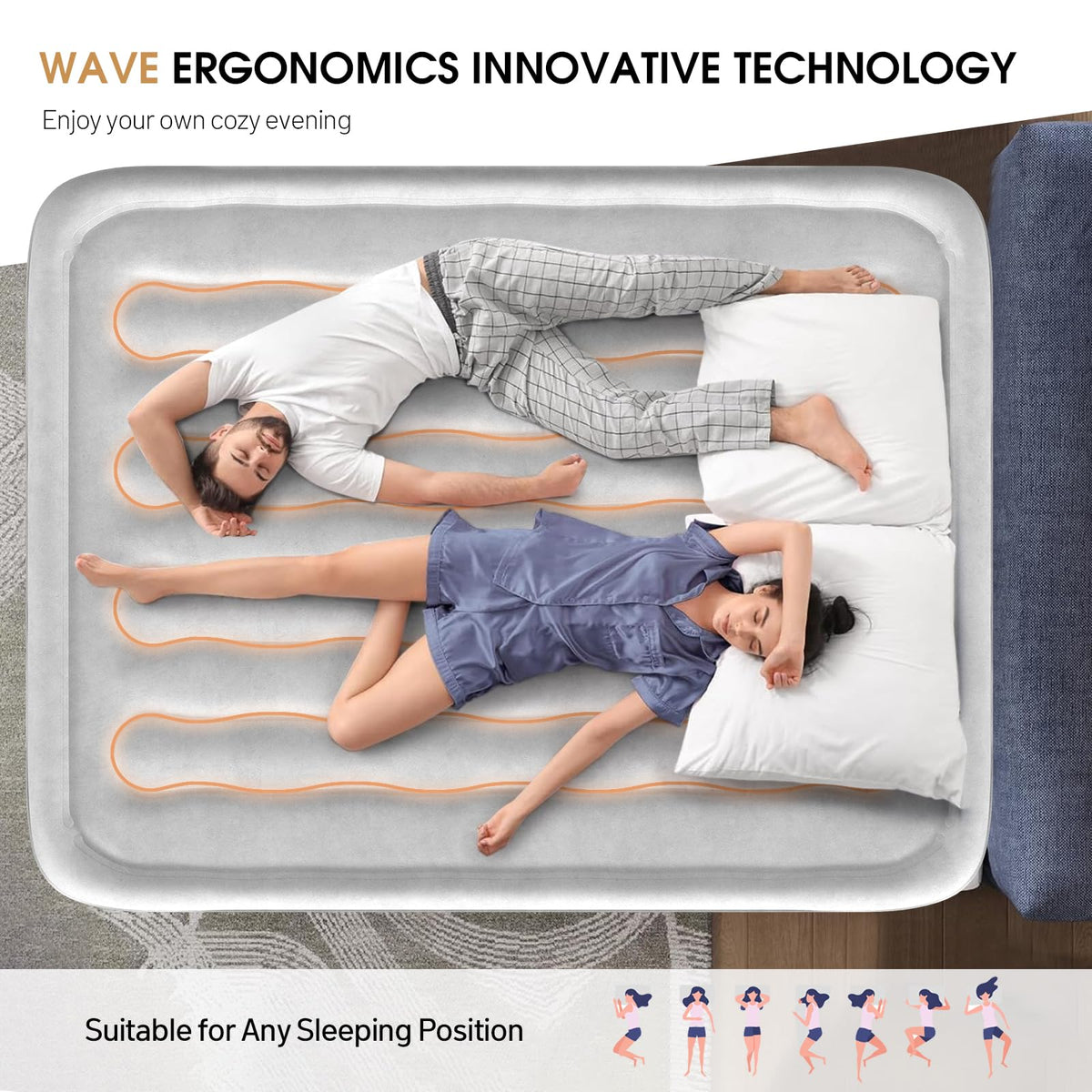 DIVON queen air mattress with wave pattern and suede topper for comfort