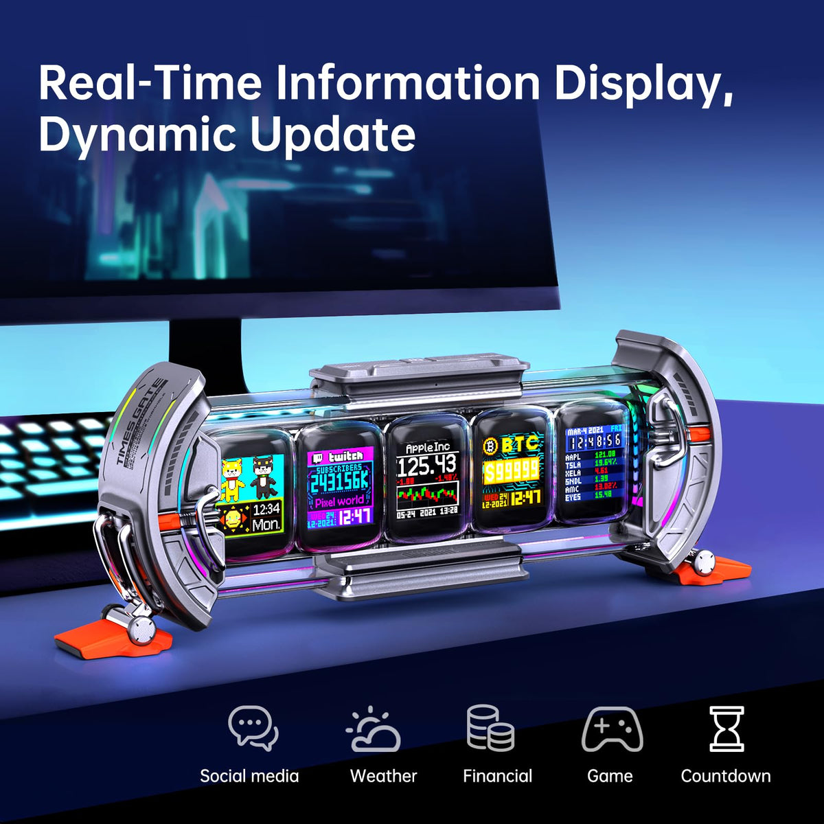 Divoom Times Gate five-color screens display vibrant pixel art for dashboards.