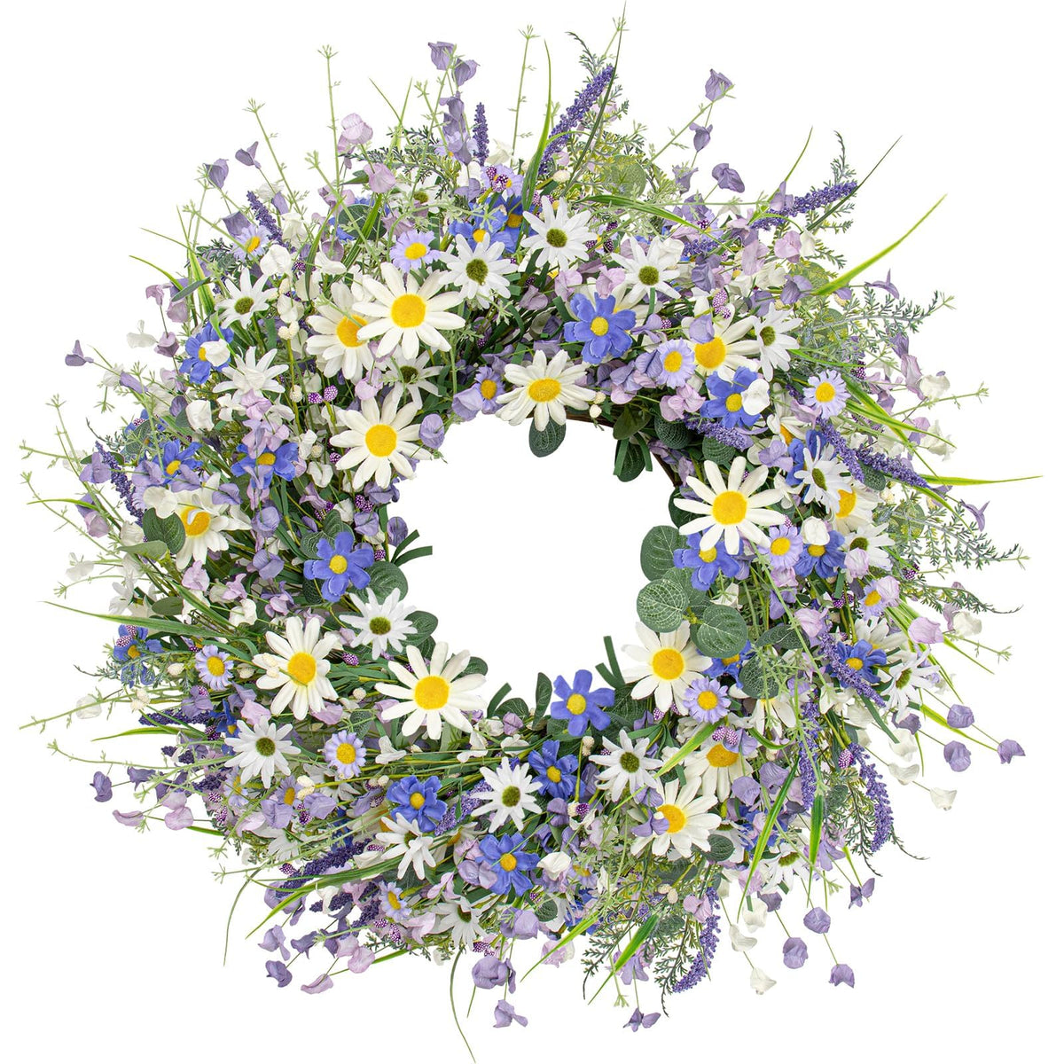 DIYFLORU 22in summer wreath with blue daisies and lavender for a welcoming front door.