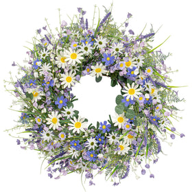 DIYFLORU 22in summer wreath with blue daisies and lavender for a welcoming front door.
