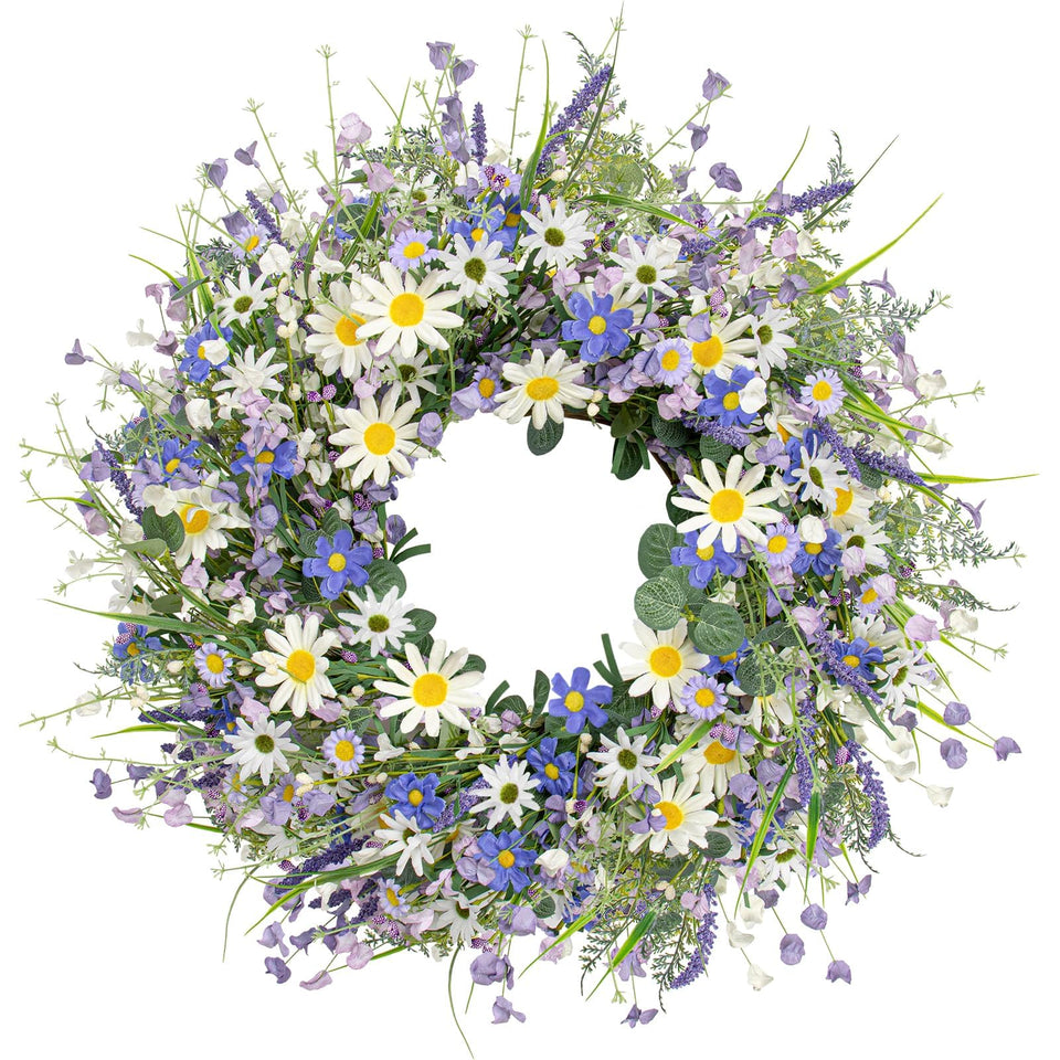 DIYFLORU 22in summer wreath with blue daisies and lavender for a welcoming front door.