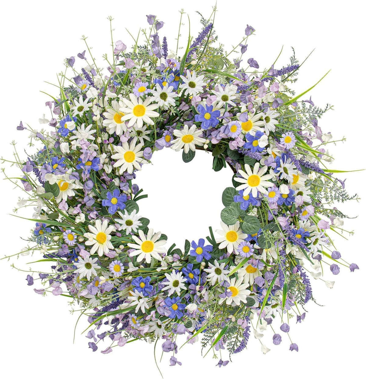 DIYFLORU 24-inch front door wreath with blue daisies and lavender.